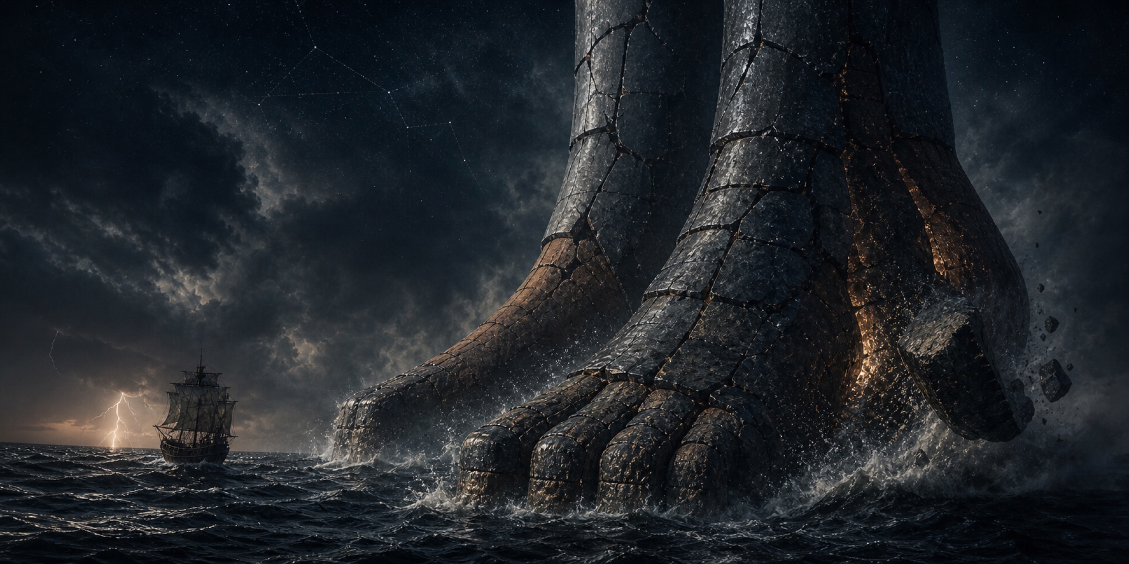 Colossal fractured feet of iron and clay standing in a storm-dark Atlantic as a small caravel passes